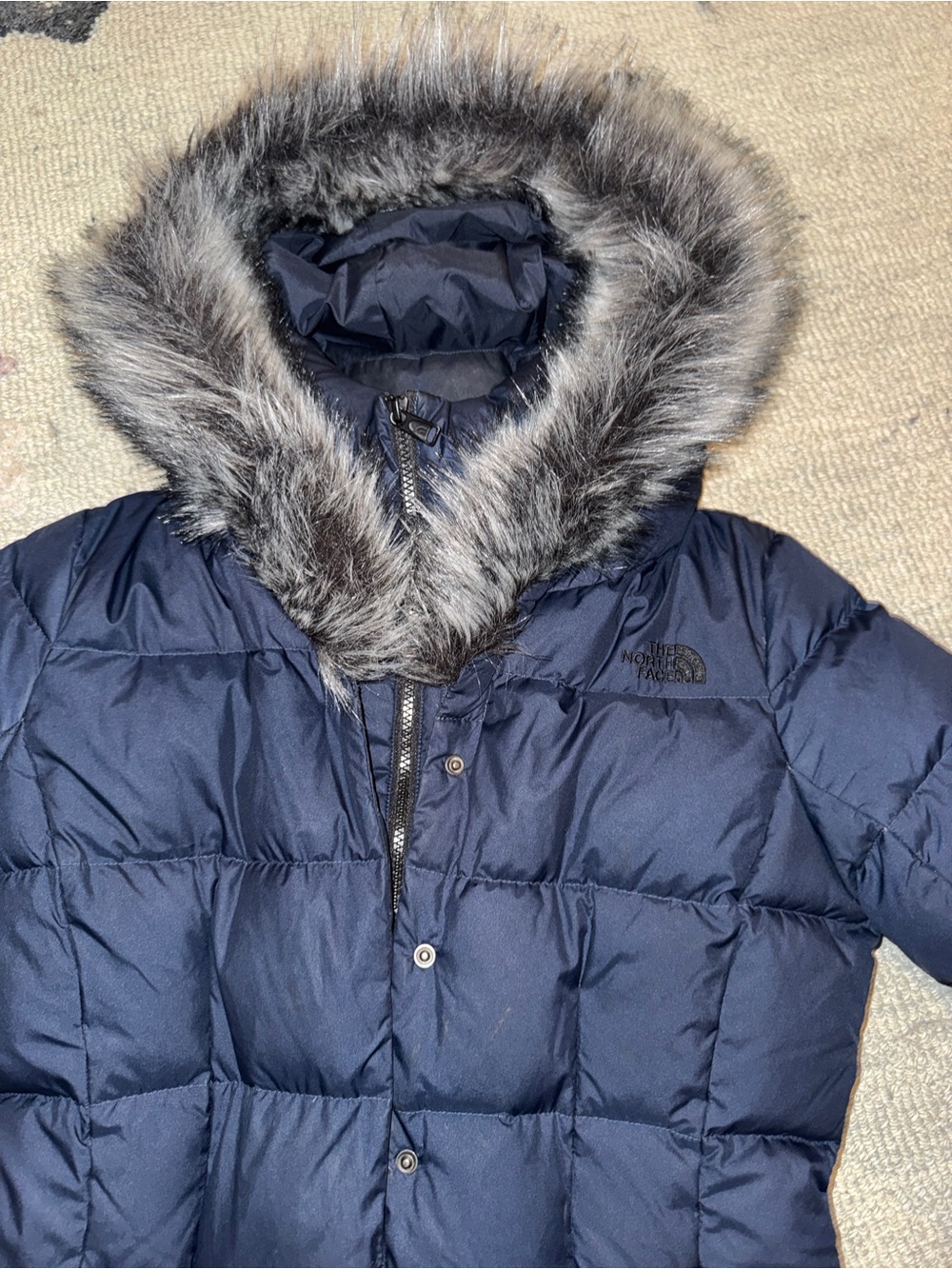 The North Face Navy Kids Puffer Jacket with Faux Fur Trim Hood
